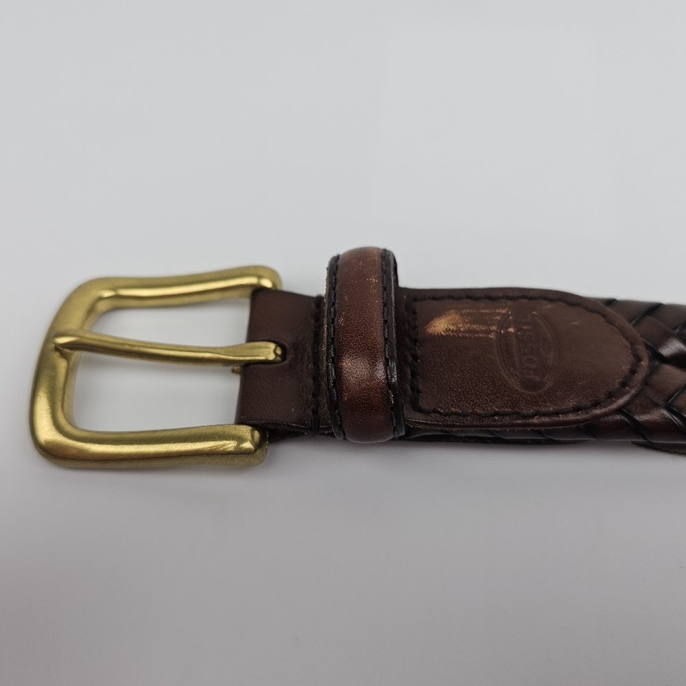 Vintage Mens Fossil Brown Braided Leather Belt Gold Tone Buckle sz 42 - Picture 6 of 7